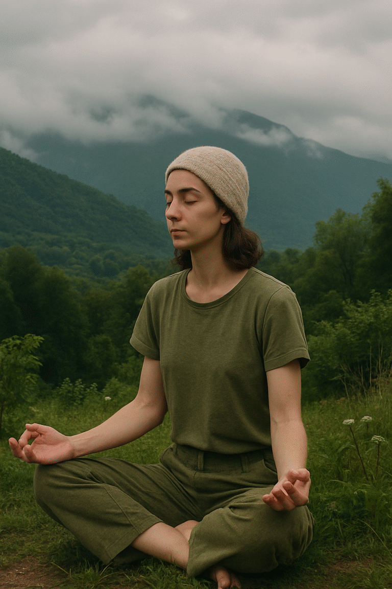 A calm scene symbolizing breath and connection, soft under a serene sky