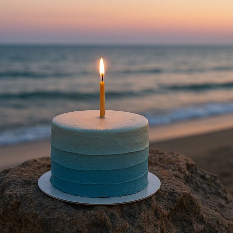 Small cake with a lit candle by the ocean on the sand