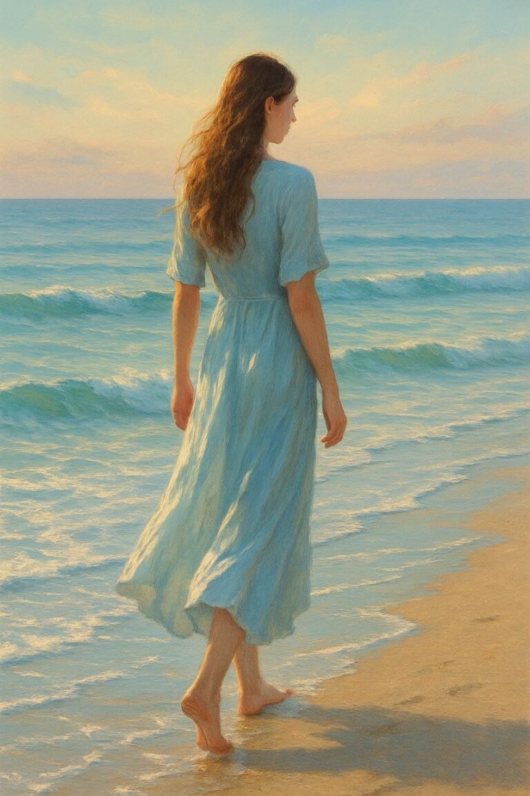 A calm seaside scene with gentle waves meeting the shore, symbolizing the silent strength and flow of water.