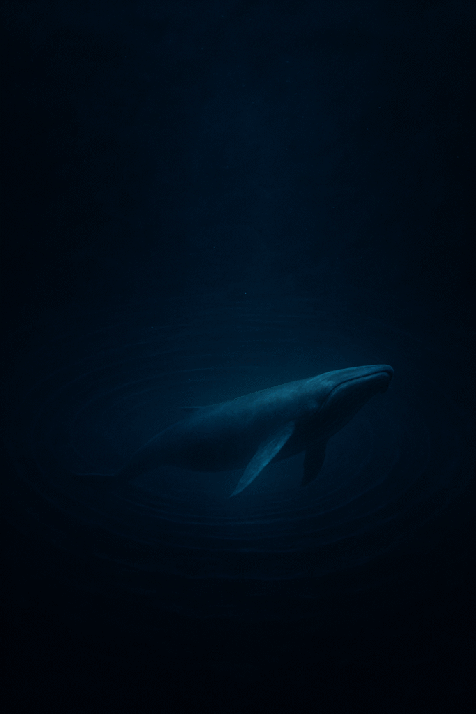 A deep blue ocean with a single whale glowing faintly in the dark, a ripple spreading around it like sound waves. A mysterious, emotional atmosphere with a sense of silence and depth