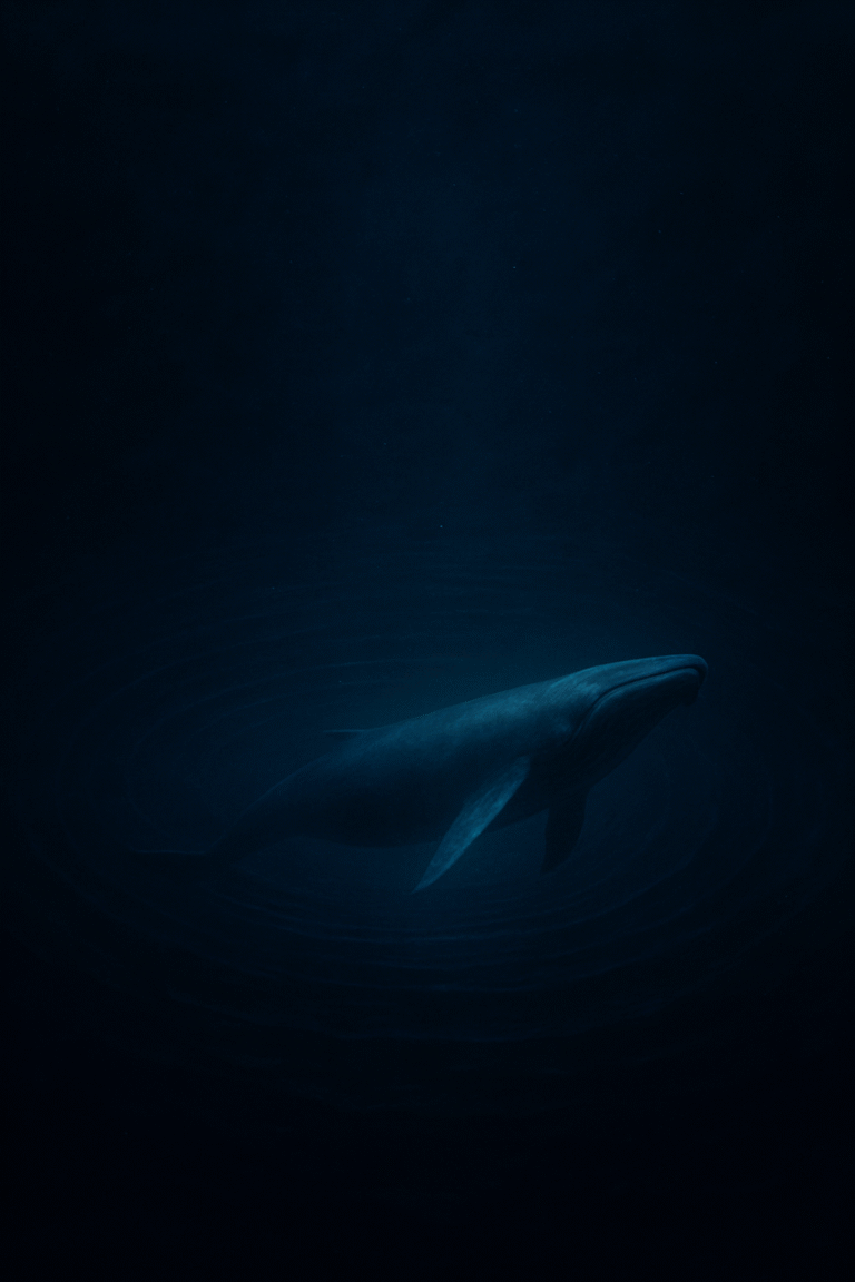 A deep blue ocean with a single whale glowing faintly in the dark, a ripple spreading around it like sound waves. A mysterious, emotional atmosphere with a sense of silence and depth