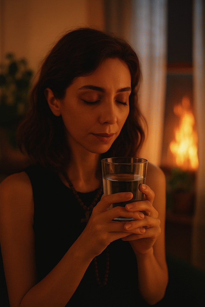 A symbolic scene of a woman sitting in soft orange light, calmly holding a bowl of water. In the background, a gentle fire or warm glow evokes transformation. The atmosphere is poetic, sacred, and serene — blending the elements of fire and water with emotional depth.