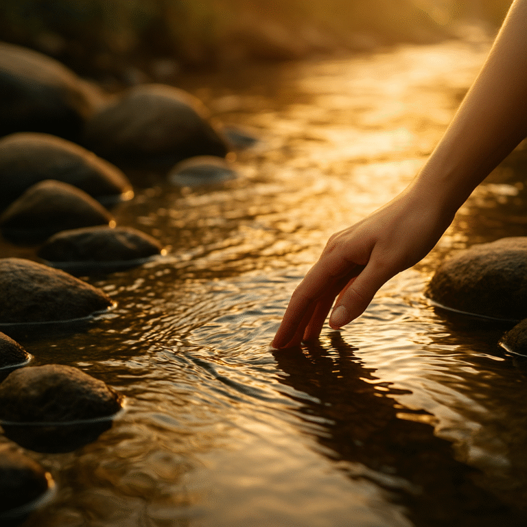 A calm stream flowing over smooth stones in golden light, symbolizing peace, forgiveness, and emotional clarity.
