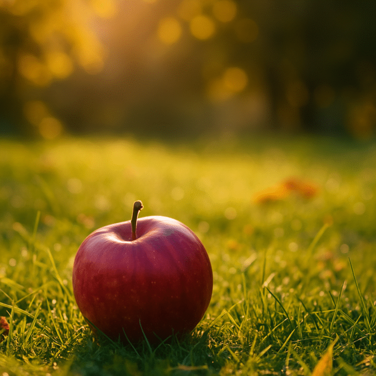 "A ripe fruit gently fallen on soft grass, morning golden light, warm tones, peaceful nature background, serene atmosphere.