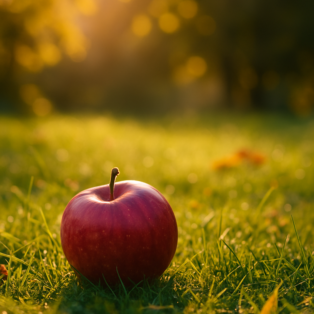 "A ripe fruit gently fallen on soft grass, morning golden light, warm tones, peaceful nature background, serene atmosphere.