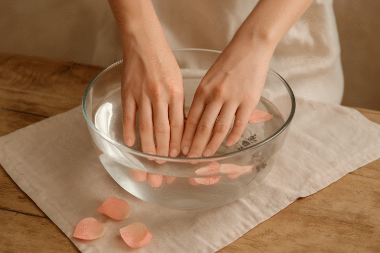 A pair of hands gently immersed in a clear glass bowl of warm water, capturing a quiet healing moment.