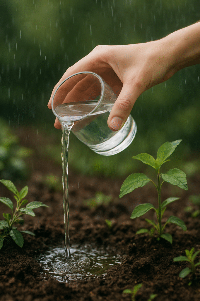 A hand gently pouring a glass of water onto moist soil in a garden, symbolizing release and renewal.