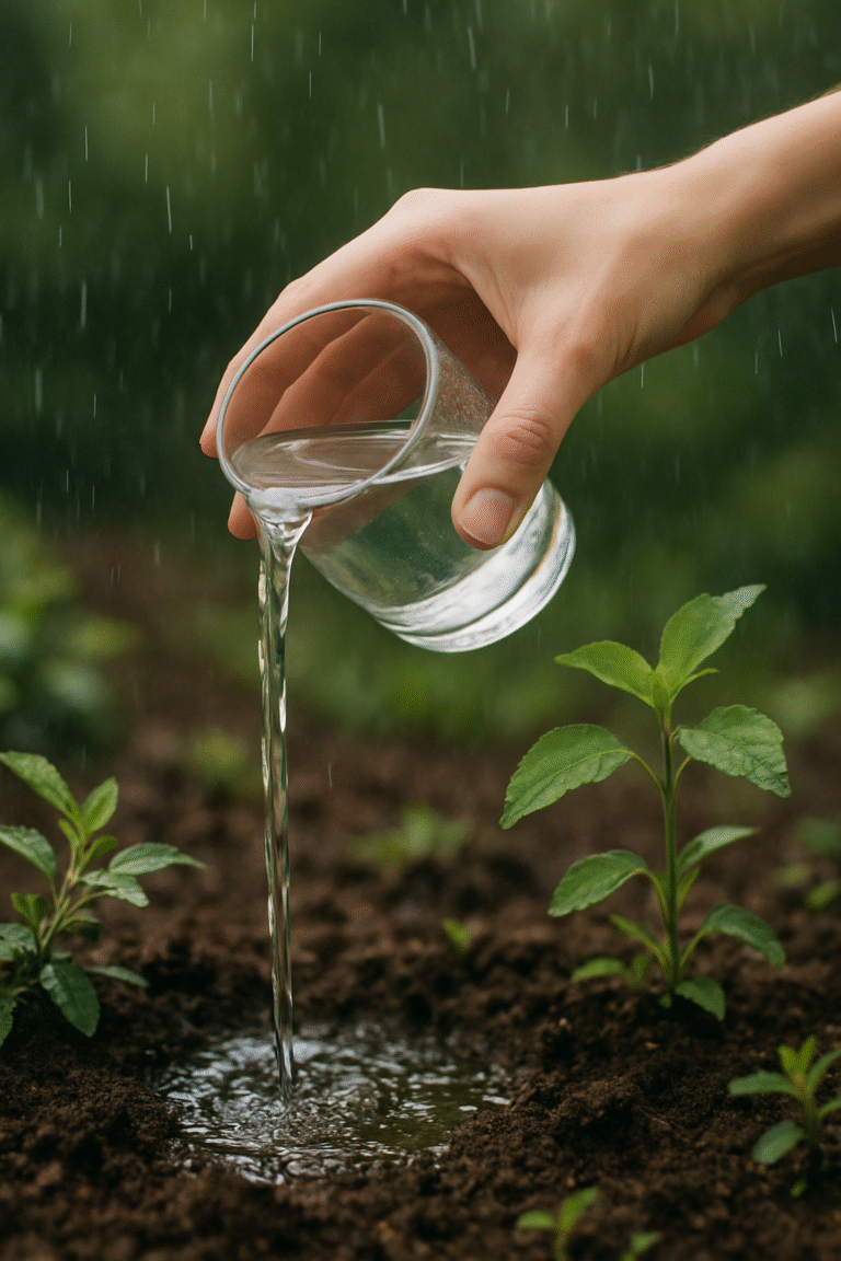 A hand gently pouring a glass of water onto moist soil in a garden, symbolizing release and renewal.
