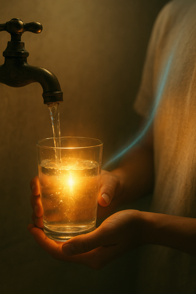A close-up of hands holding a glass of water being filled from a vintage brass faucet, glowing with golden light as if charged with energy.