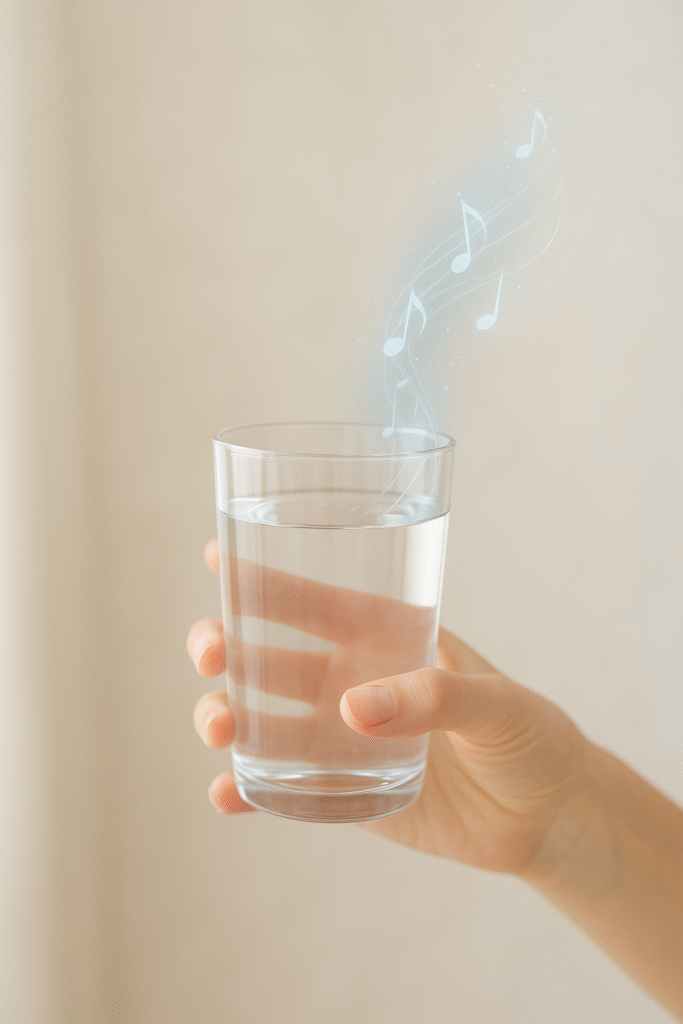 "A fair-skinned hand holds a clear glass under a running tap, capturing the moment fresh water filled with music fills the glass.