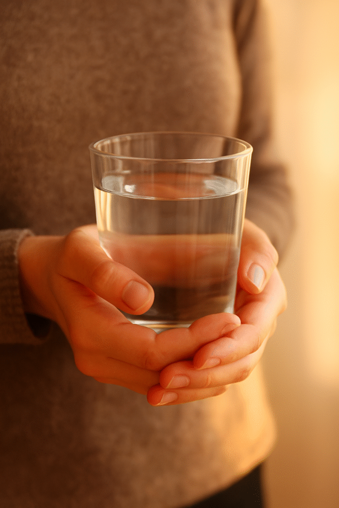 Hands gently holding a clear glass of water in soft morning light, with a blurred background.