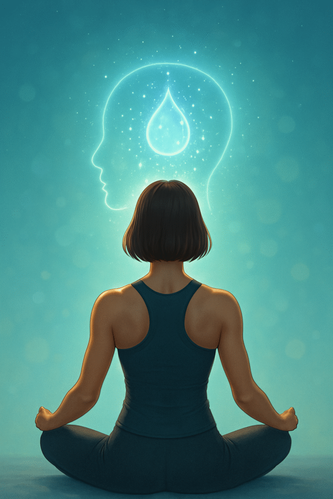 "Back view of a fit person with shoulder-length brown hair meditating, surrounded by sparkling water energy and soft glowing light, symbolizing mental clarity and peacefulness."