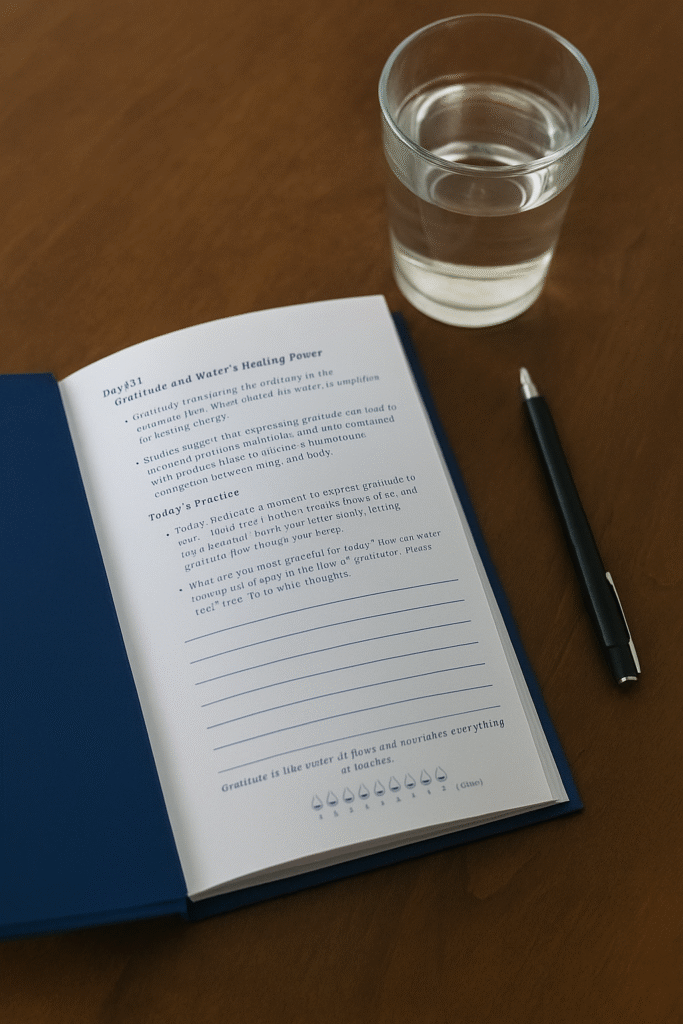 Open journal on Day 55 with a glass of water placed beside it on a wooden table, symbolizing gratitude and reflection.