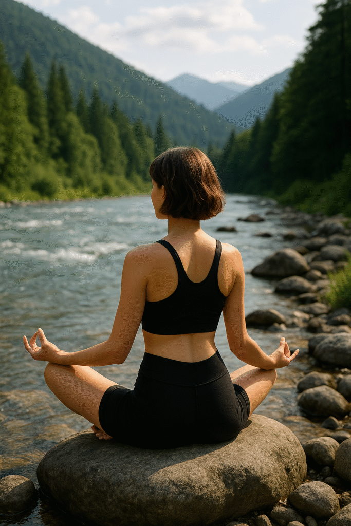 A young woman with short brown hair sits in meditation by a flowing river, wearing a minimalist yoga outfit. She faces sideways, her hands in a mudra pose, surrounded by forested mountains, radiating calm, confidence, and serenity.