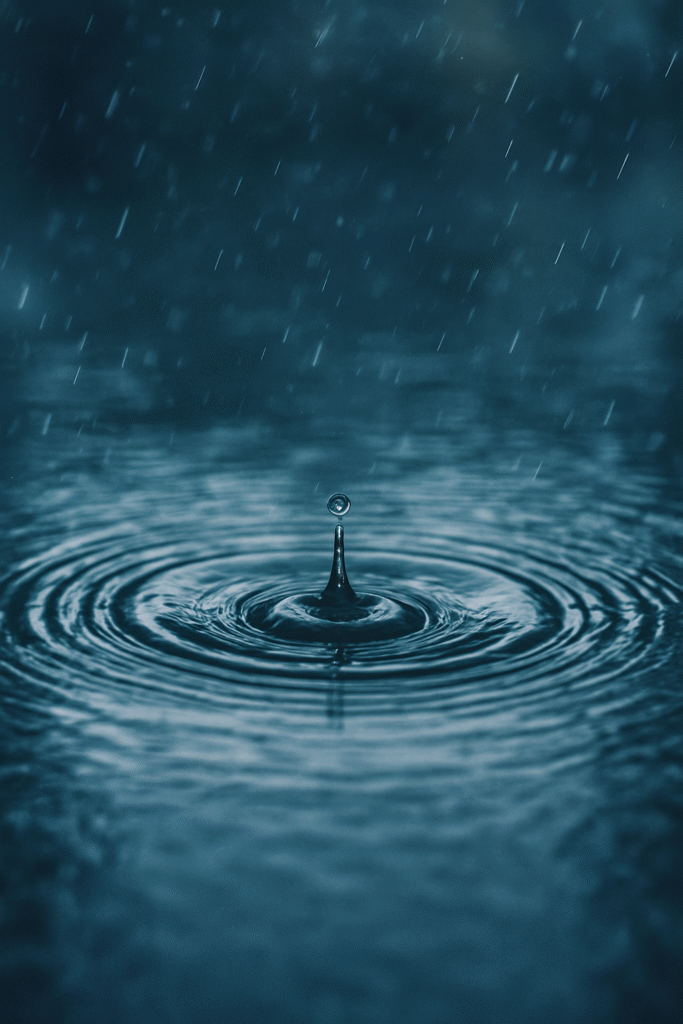 A raindrop splashes into water, creating ripples in the rain.