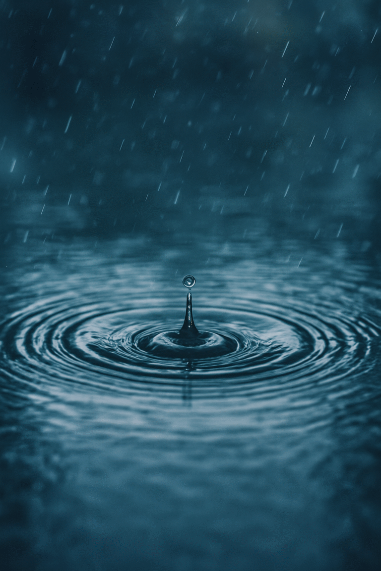 A raindrop splashes into water, creating ripples in the rain.
