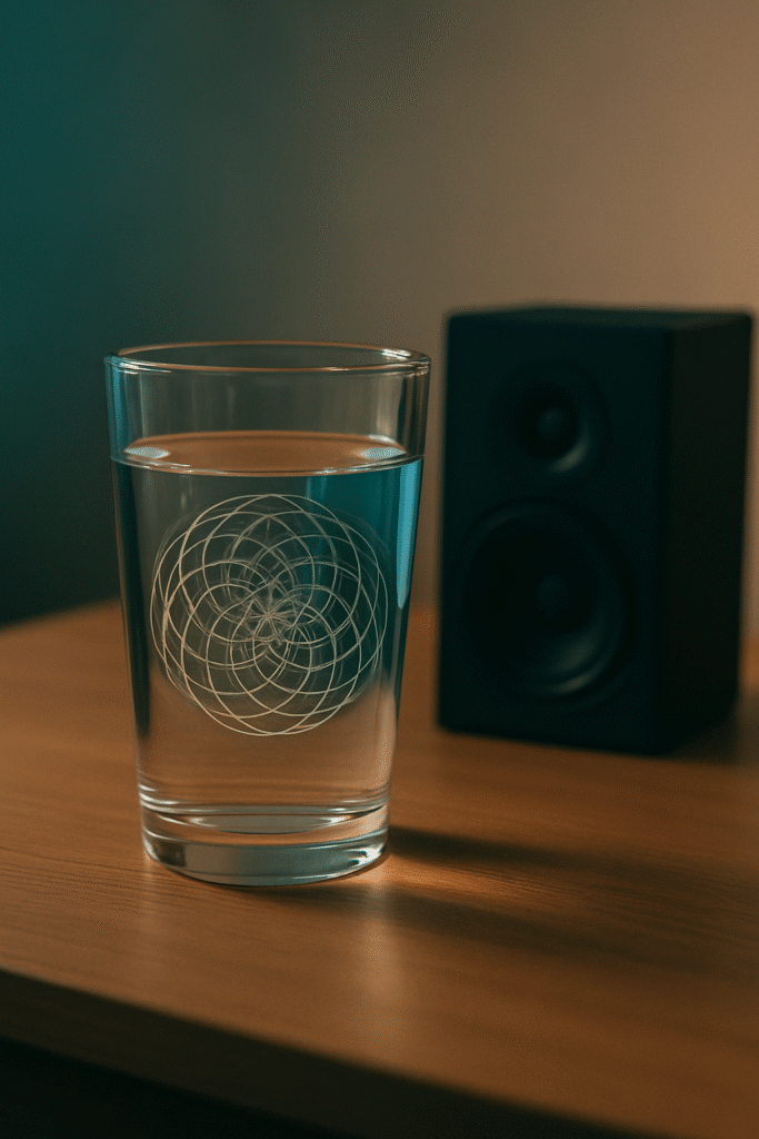 Glass of water next to a speaker, showing fractal and sacred geometric patterns forming inside.