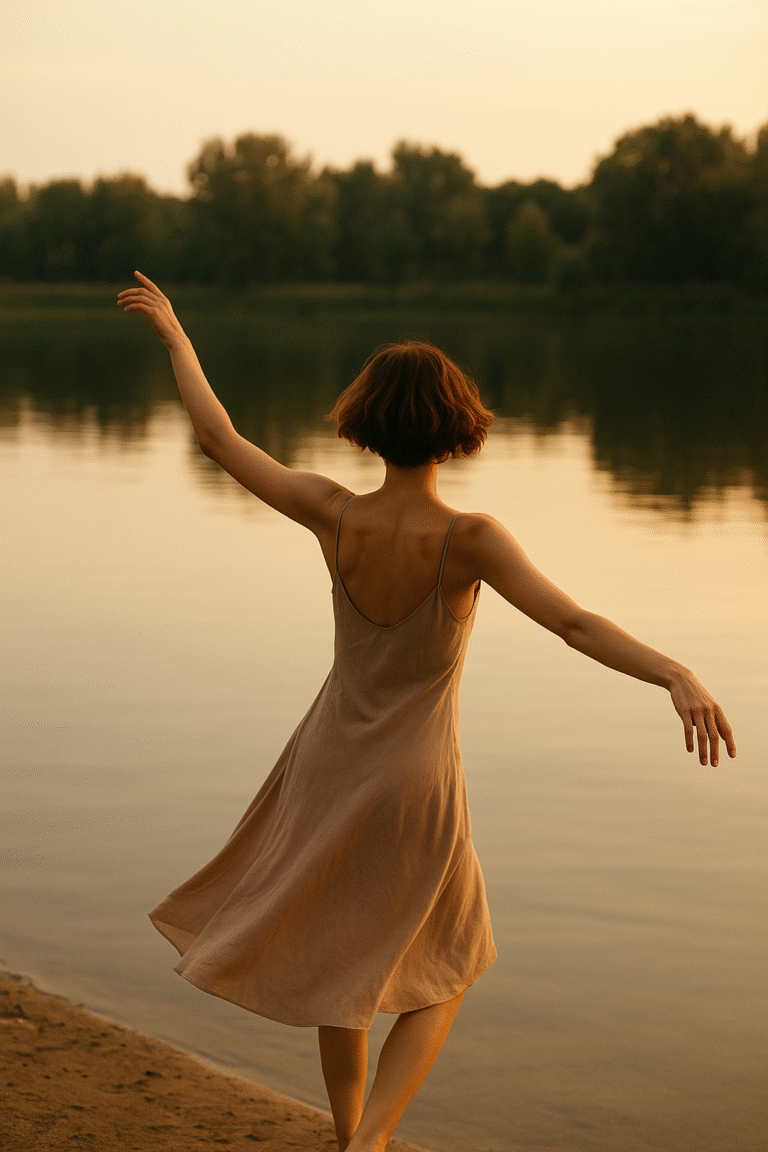 A figure with short brown hair dances gracefully beside a calm lake, immersed in the natural flow and serenity of the water. Face is not visible.