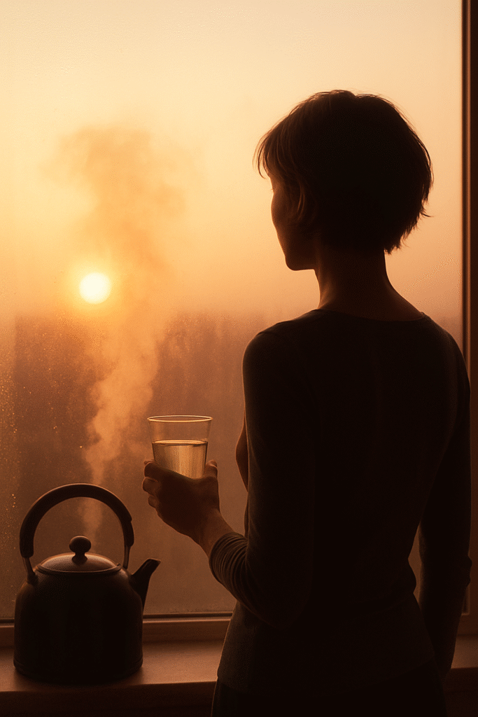 A woman with short brown hair stands by a steamed-up window at sunrise, holding a warm glass of water, with a kettle steaming beside her.