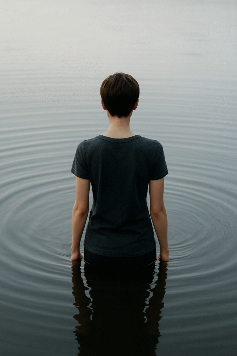 A person with short brown hair standing in calm water, representing the ripple effect of intentions on the world.