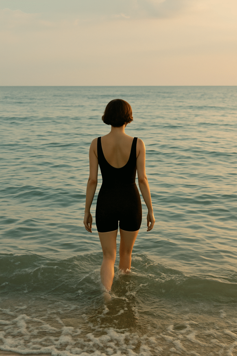 A woman with short brown hair walks into the sea, waves touching her legs, symbolizing calmness, renewal, and healing.