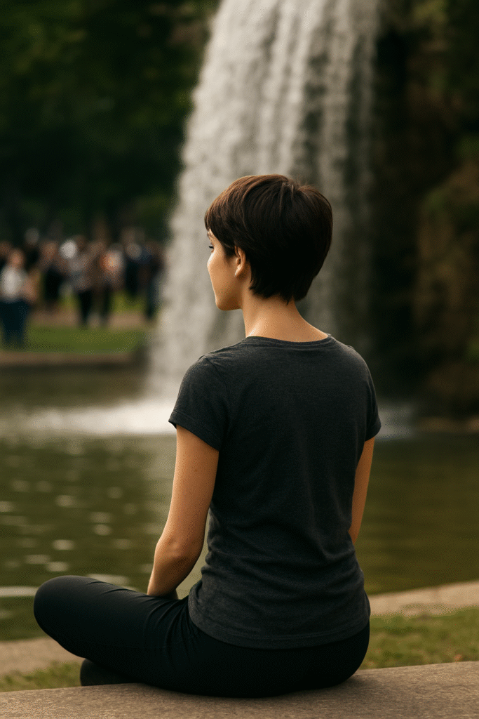 A young woman with short brown hair sits cross-legged in meditation near a waterfall in a busy urban square, wearing athletic wear, embodying calm and serenity.
