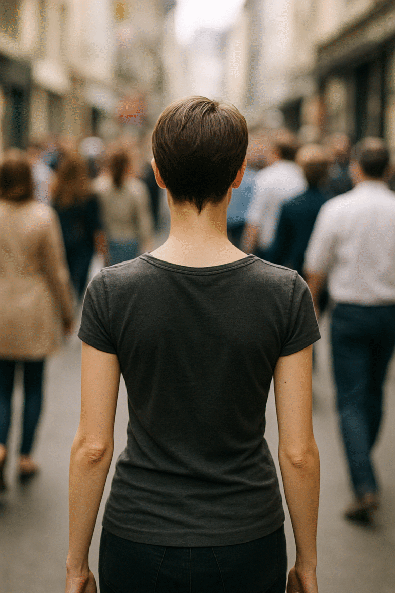 Alt text (SEO-friendly) Woman with short brown hair walking in a crowd, rear view, symbolizing individuality, mindfulness, and ripple effect in life.