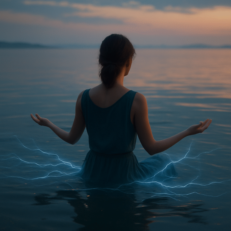 A woman sitting in still water during sunrise, her back turned to the camera, embodying quiet presence and connection with nature.