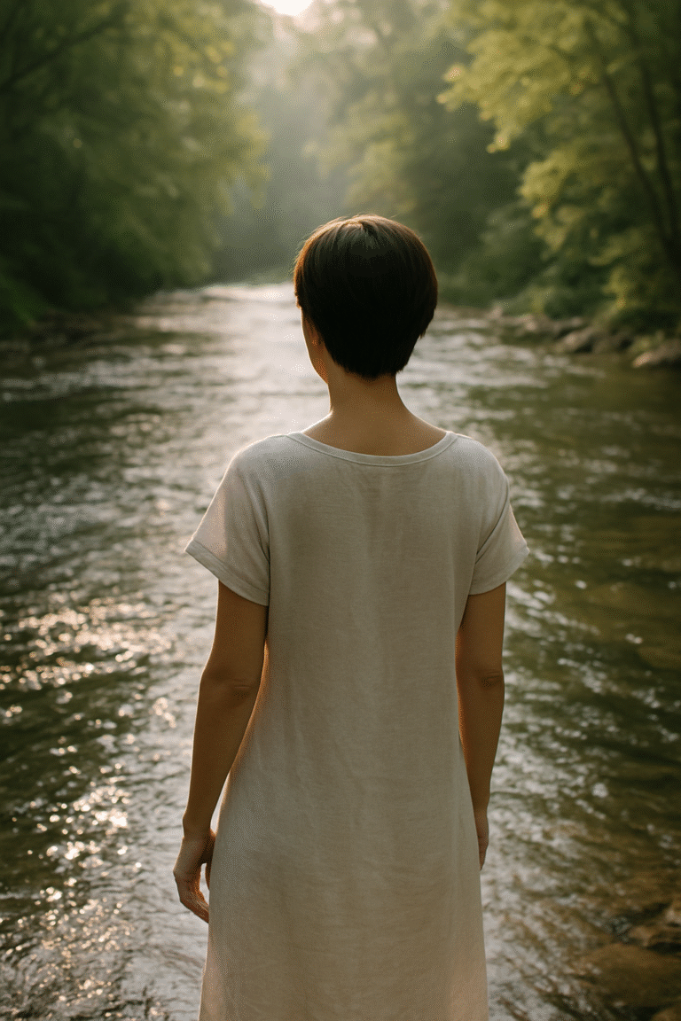A woman with short brown hair stands by a peaceful river, her back to the camera, embracing the calm and transformative energy of water.