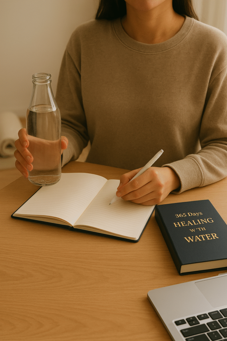 A woman holding a glass water bottle while writing in a notebook, with a navy book titled 365 Days Healing with Water and a laptop on the wooden table.