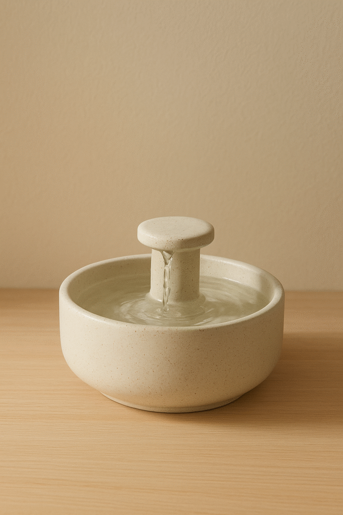 Minimalist tabletop ceramic water fountain on a wooden desk with gentle flowing water.
