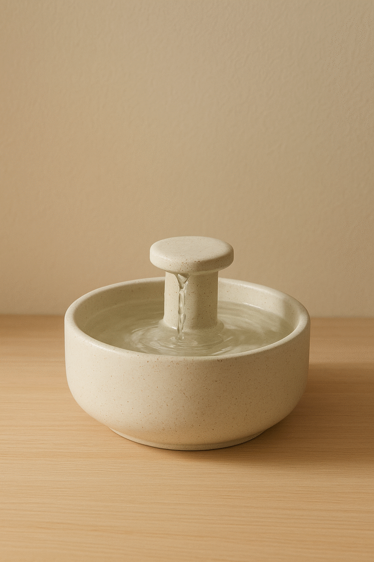 Minimalist tabletop ceramic water fountain on a wooden desk with gentle flowing water.