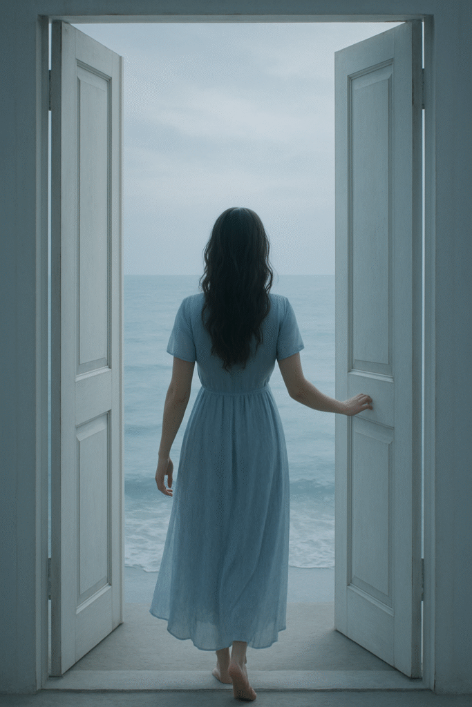 A women in a sort blue dress standing at a open white door, gazing at the calm ocean.