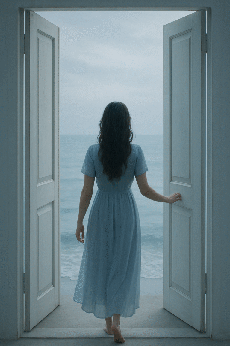 A women in a sort blue dress standing at a open white door, gazing at the calm ocean.