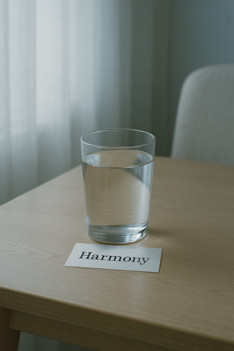 A woman sitting at a wooden table, drinking water placed over the word “Harmony,” in soft natural light.