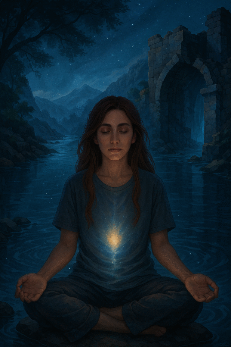 A woman meditating peacefully by a river at dusk, glowing light emanating from her heart, symbolizing inner awakening and emotional clarity.