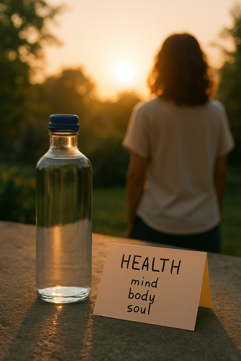 A clear glass water bottle placed in sunlight on a garden floor, with a handwritten note beside it reading "Health – mind, body, soul"; a person stands in the background facing the sunrise.