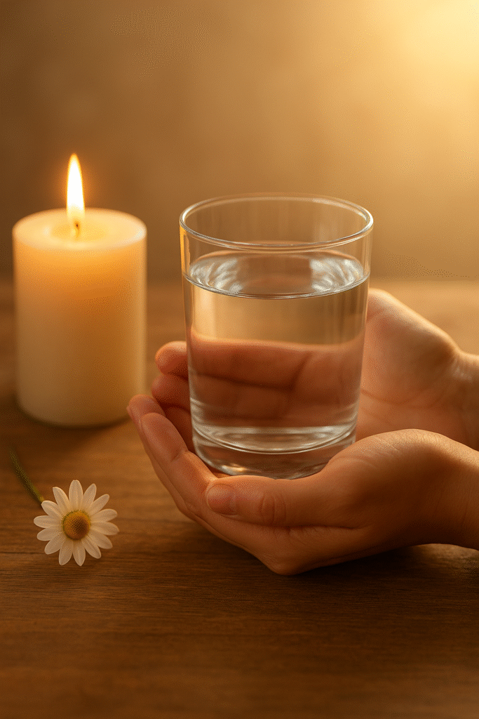 Hands gently holding a glass of water beside a lit candle and a white daisy on a wooden table, bathed in warm morning light.
